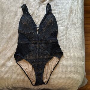 BECCA Women's Color Play Black One Piece Swimsuit Plunge Neck Crochet. XL